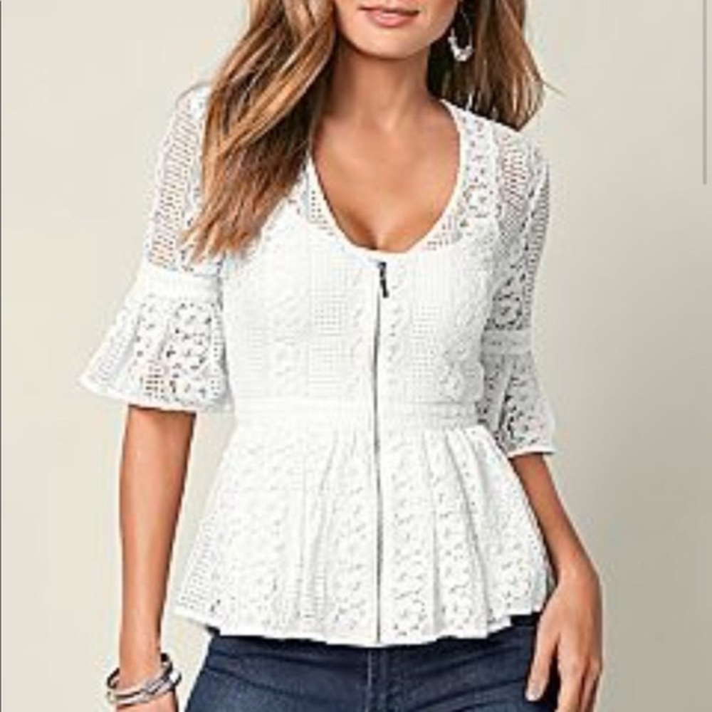 Venus White Lace Peplum Layering Zip Up Top Size 16